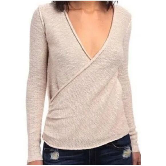 Free People Cream Gotham Surplice Wrap Sweater XS Cotton Linen Neutral Knit Top - Picture 1 of 11
